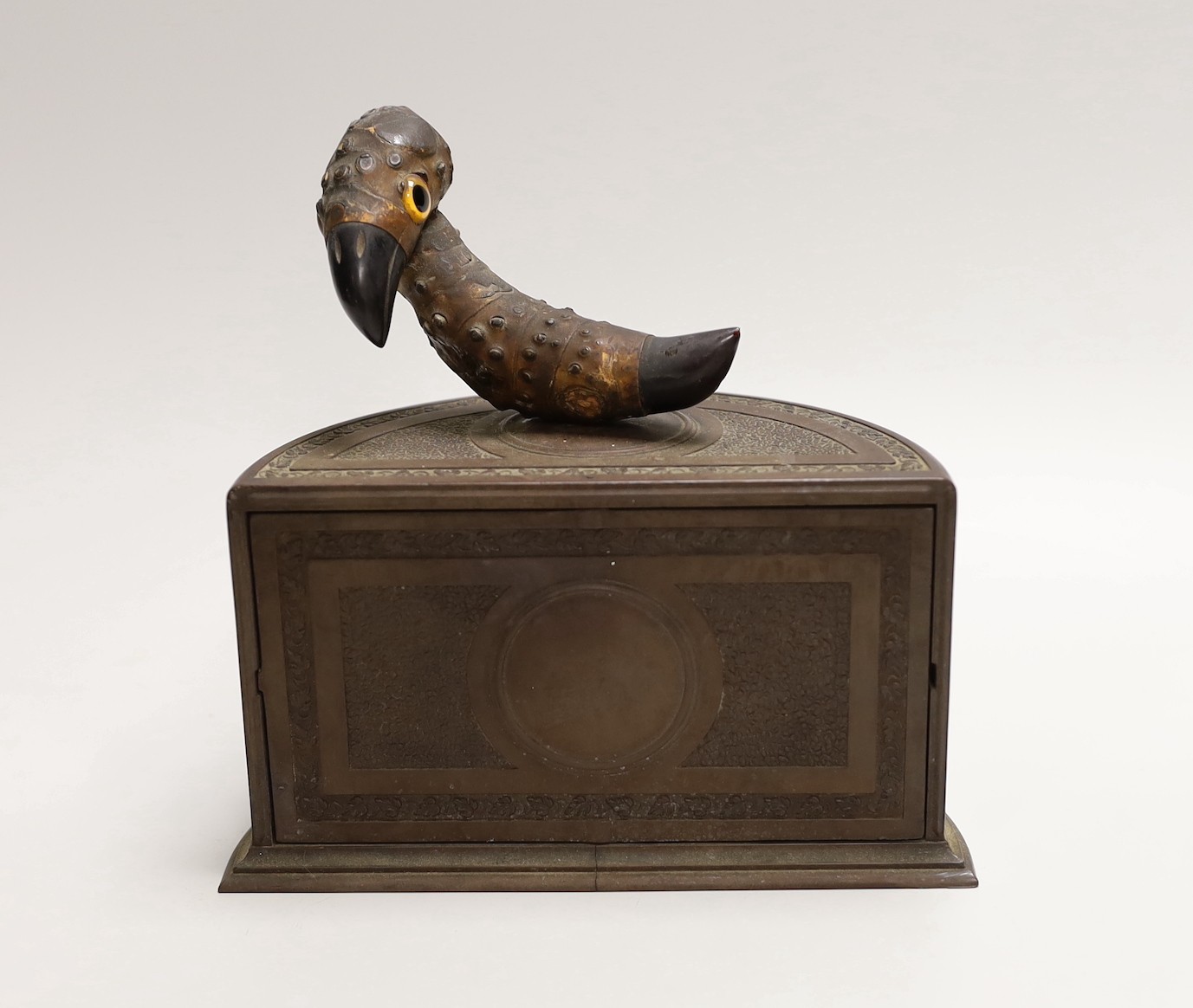 A YZ bird on bakelite cigarette dispenser by Henry Howell & Co Ltd for Alfred Dunhill & Co, 16.5cms wide x 17cms high